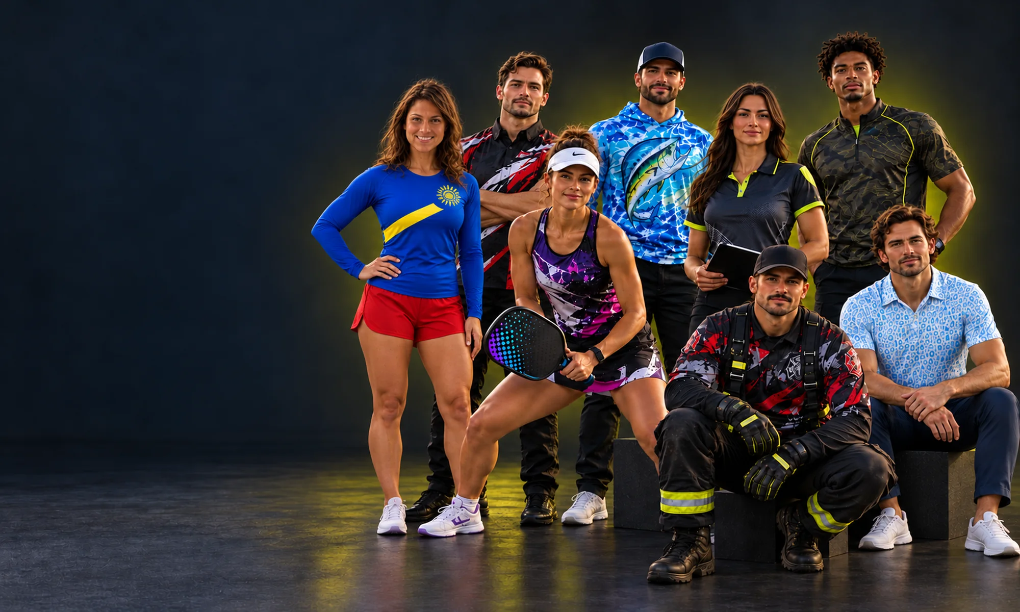 tls custom apparel studio hero eight models Toplevel Sportswear Eight models wearing custom performance apparel for sports, crews and businesses in a studio