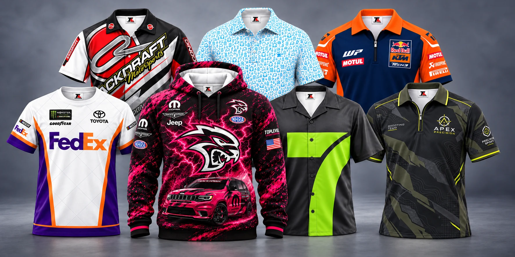 tls full color custom apparel hero Toplevel Sportswear Full color custom apparel collection featuring racing shirts, polos, a T-shirt and hoodie